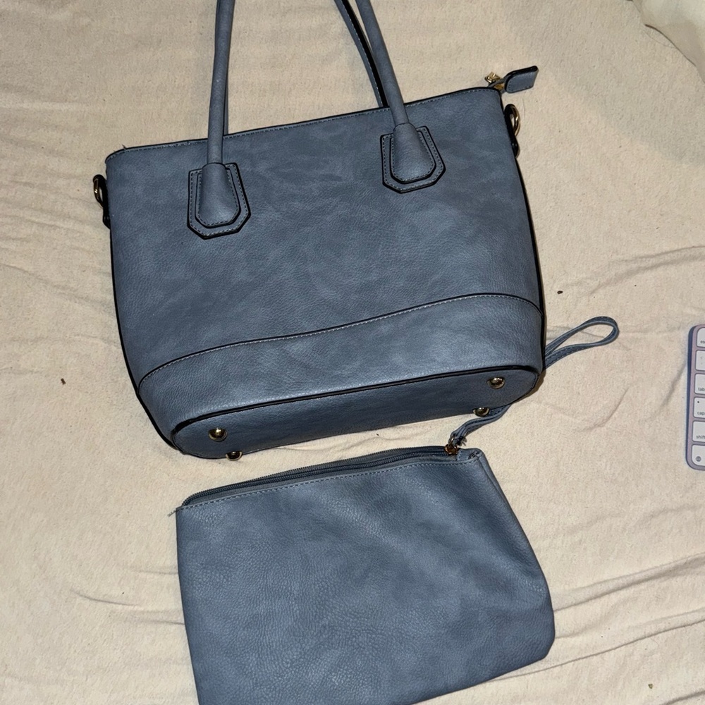 Blue Tote Bag with Structured Shape and Detachable Shoulder Strap